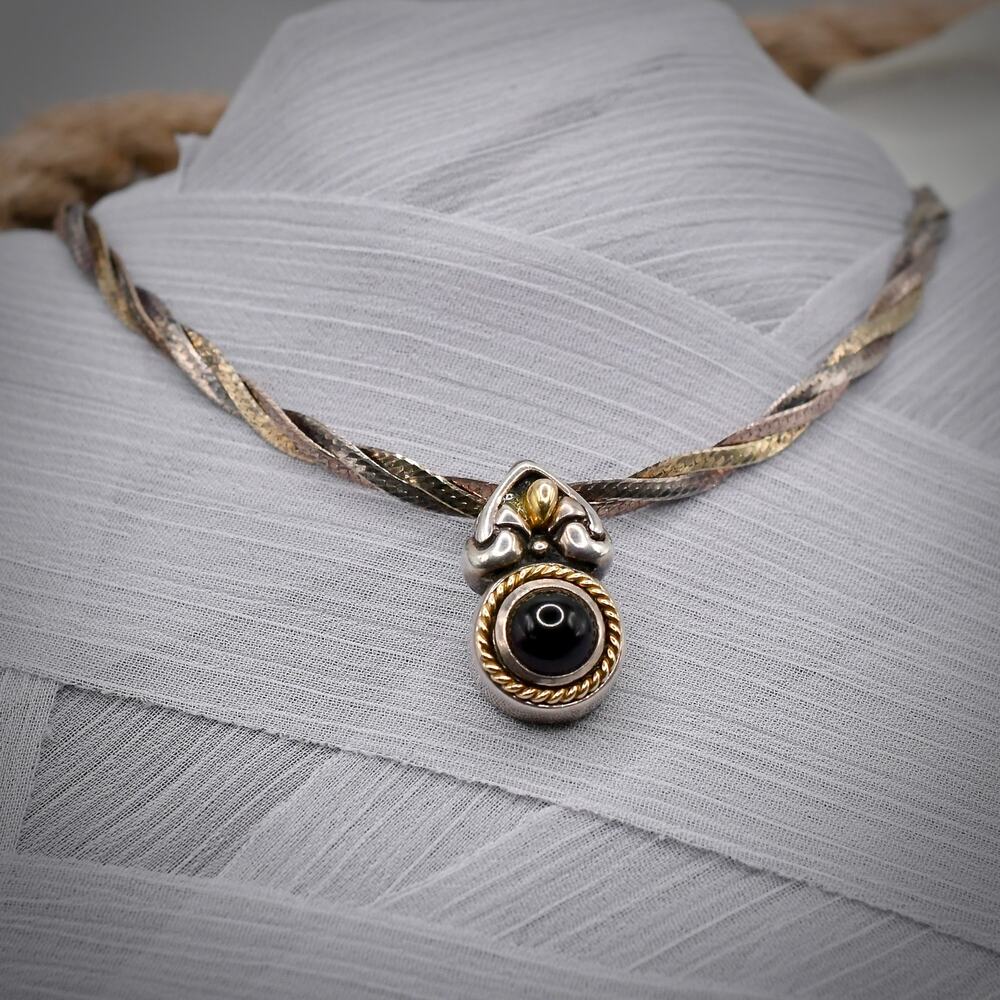 Flli Menegatti Italy 925 Silver Onyx Pendant Paired w Braided Italian Chain 17"